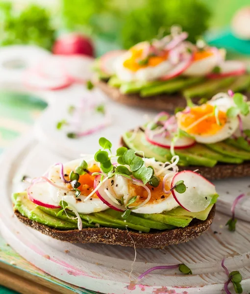 Open Sandwiches Avocado Radish Boiled Egg Sprouts Concept Healthy Eating — Stock Photo, Image