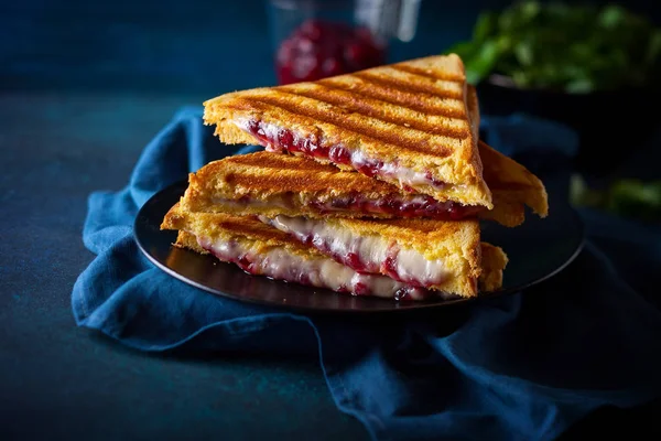 Grillowane Kanapki Serem Szynką Żurawiną Talerzu Idealny Pomysł Świąteczny Lunch — Zdjęcie stockowe