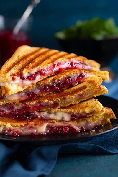 Grillowane Kanapki Serem Szynką Żurawiną Talerzu Idealny Pomysł Świąteczny Lunch — Zdjęcie stockowe