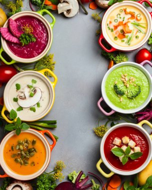 Değişik renkte sebzeler krem çorbaları ve çorba malzemeleri. Üst Manzara. Sağlıklı beslenme ya da vejetaryen yemeği kavramı.