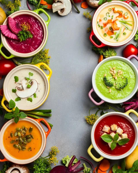 Vielfalt Bunten Gemüsecremesuppen Und Zutaten Für Suppen Ansicht Von Oben — Stockfoto