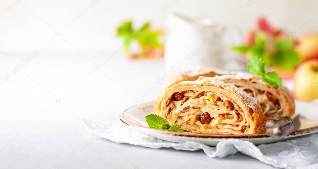 Traditional pieces of apple strudel with cinnamon,raisin, powdered sugar and mint.