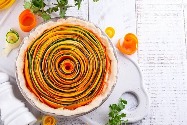 Förbereda Hemlagad Vegetabiliska Tårta Med Morot Zucchini Och Pumpa Vita — Stockfoto