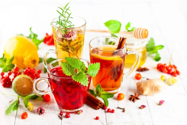 Assorted Healthy Medical Drinks Autumn Winter Season Herbal Tea Berries — Stock Photo, Image
