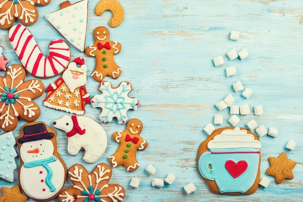 Různé Domácí Vánoční Cukroví Modrém Pozadí Dřevěná — Stock fotografie