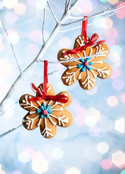 Noel Bir Dal Üzerinde Asılı Gingerbread Kar Taneleri — Stok fotoğraf