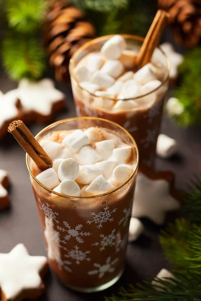 Warme Chocolademelk Met Marshmallows Kaneel Glazen Bekers Voor Kerstmis — Stockfoto