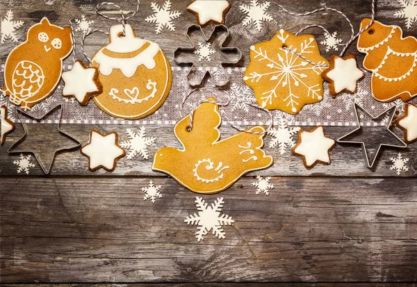 Kerst Concept Met Cookies Rustieke Stijl Houten Achtergrond Bovenaanzicht — Stockfoto