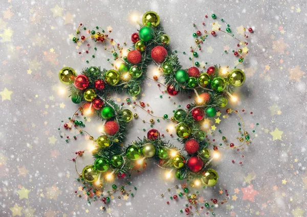 Decorative Christmas Star Colored Baubles Christmas Tree Branches — Stock Photo, Image