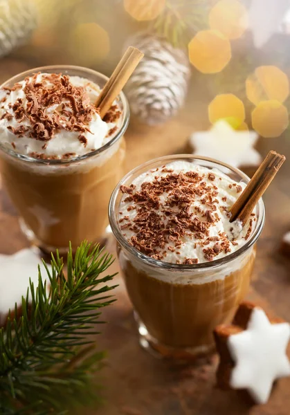 Two Glasses Coffee Shake Whipped Cream Chocolate Winter Spices Christmas — Stock Photo, Image