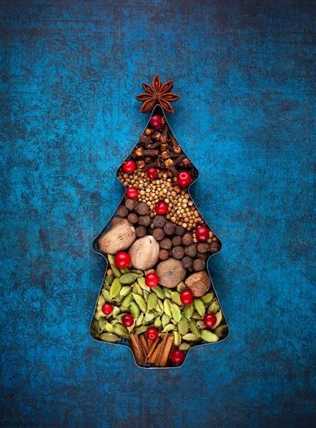 Winter Concept Met Kerstmis Specerijen Vorm Van Een Kerstboom Blauwe — Stockfoto