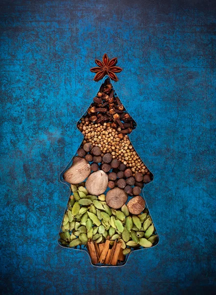 Winterkonzept Mit Weihnachtlichen Gewürzen Form Eines Weihnachtsbaums Auf Blauem Hintergrund — Stockfoto