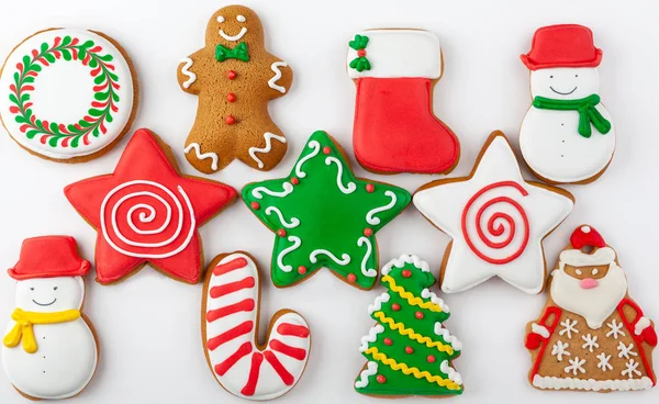 Conjunto Pão Gengibre Natal Sobre Fundo Branco Vista Superior Conceito — Fotografia de Stock