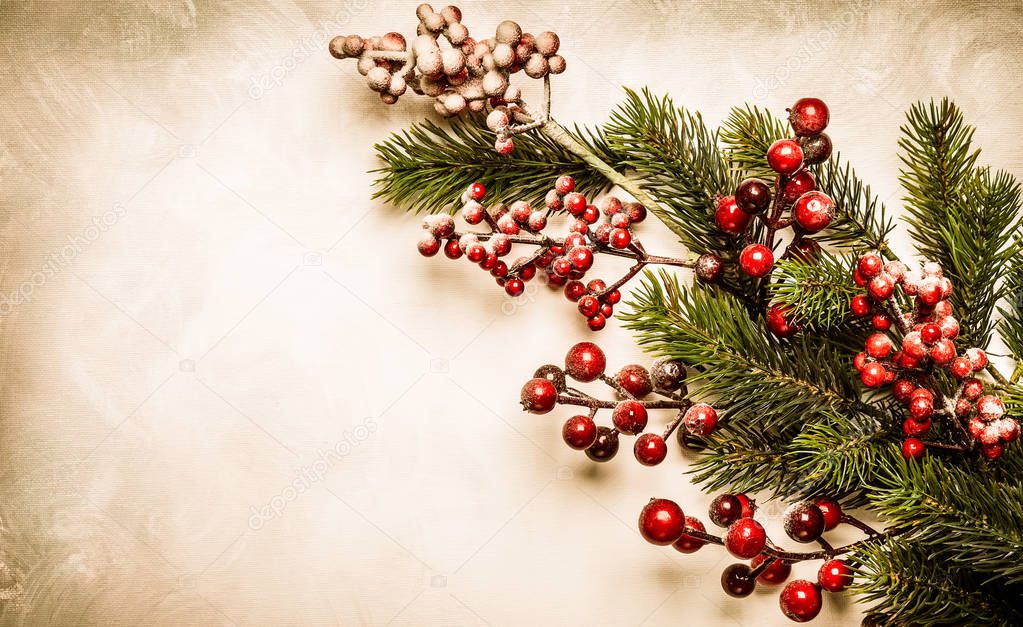 Christmas  decoration background: fir branches and holly berries on light background, in vintage style