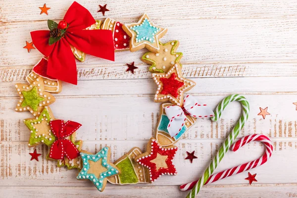 Galletas Navidad Bastones Caramelo Sobre Fondo Madera — Foto de Stock