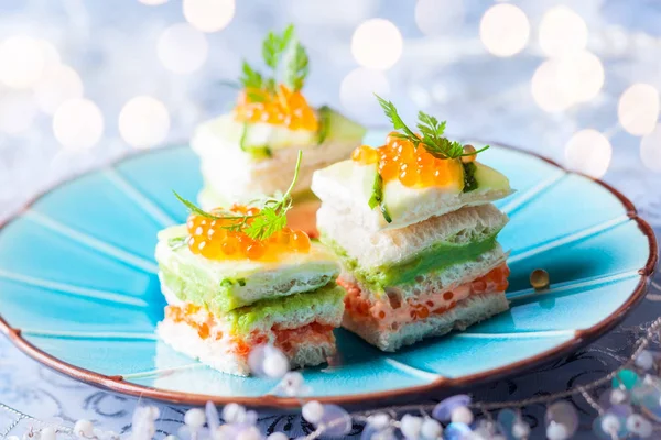 Striped Sandwiches Red Caviar Cucumber Avocado Holiday — Stock Photo, Image