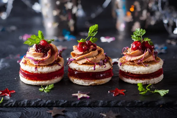 Festive Appetizer Foie Gras Cranberry Chutney Jelly — Stock Photo, Image