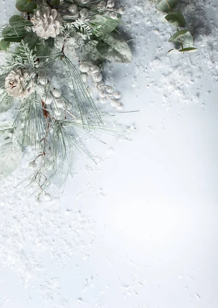 Koncepcja Świąt Bożego Narodzenia Nowego Roku Śnieżnymi Gałązkami Jodły Szyszką — Zdjęcie stockowe
