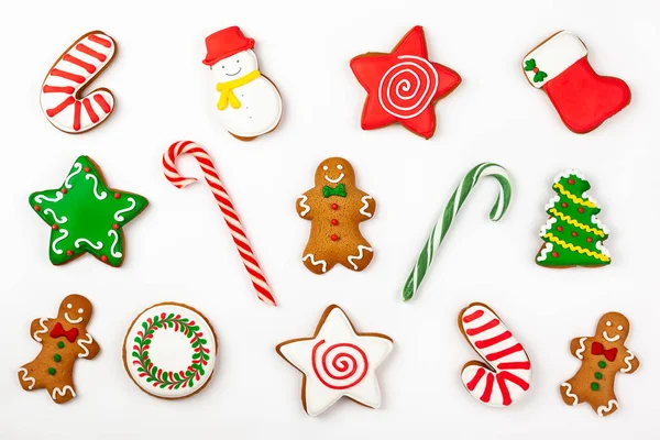 Beyaz Arka Plan Üzerinde Noel Gingerbread Kümesi Üstten Görünüm Noel — Stok fotoğraf