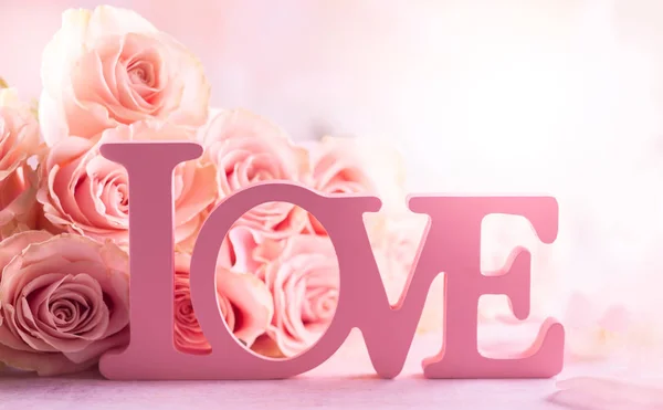 Festive Still Life Pink Roses Word Love Flower Composition Roses — Stock Photo, Image