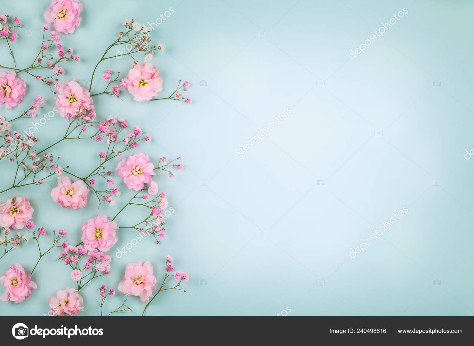 Spring Floral Composition Made Fresh Pink Flowers Light Pastel Background  Stock Photo by ©sarsmis 240498616