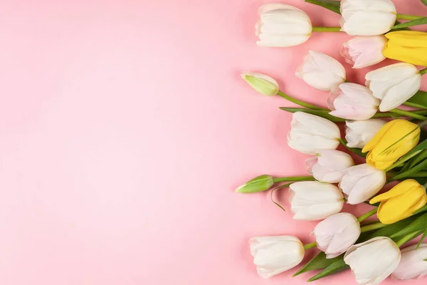 Schöne Weiße Rosa Und Gelbe Tulpenblüten Auf Blauem Hintergrund Frühlingsblumen — Stockfoto