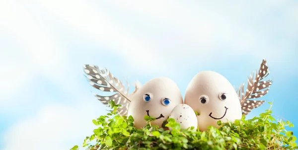 创意复活节彩蛋装饰的想法与有趣的复活节彩蛋面孔 复活节彩蛋在巢在天空背景 — 图库照片