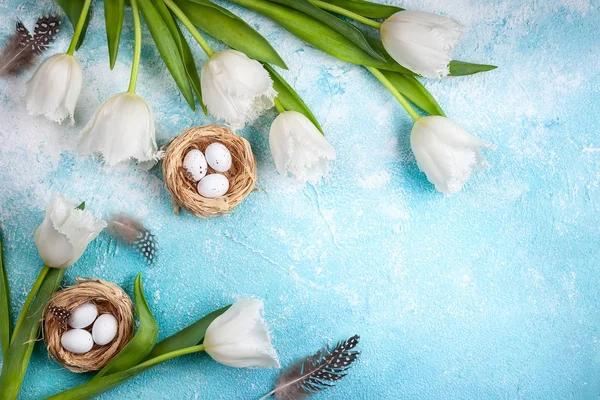 Easter composition with Easter eggs in nest and white tulips — Stock Photo, Image