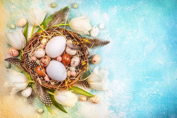 Composição de Páscoa com ovos de Páscoa no ninho  . — Fotografia de Stock