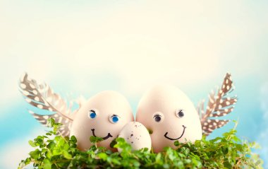 Gökyüzü arka plan üzerinde yuvadaki yumurta.