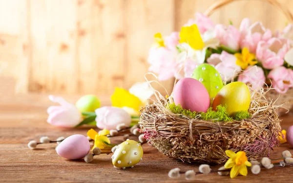 Composición de Pascua con huevos de Pascua en nido, flores de primavera y — Foto de Stock