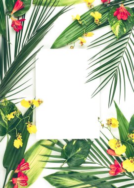 Taze tropikal yaprakları ve WHI üzerinde egzotik çiçekler ile kompozisyon