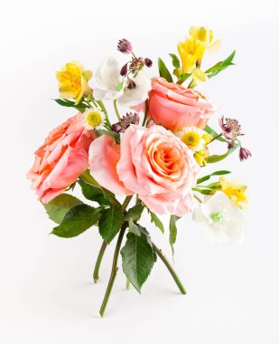 Beyaz sırt üzerinde yeşil yaprakları ile mercan güller ile güzel demet