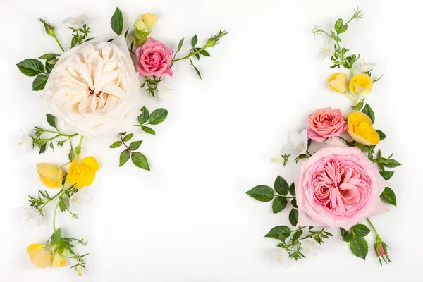 Lindas rosas rosa e branco flores com folhas — Fotografia de Stock