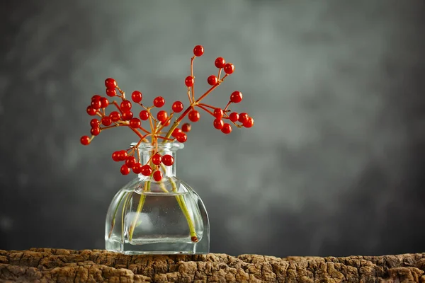 Beautiful autumn red berries in glass bottle on wood  at bokeh b — Stock Photo, Image