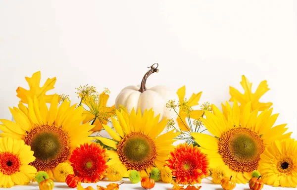 Hermosa naturaleza muerta de otoño con girasoles, flores rojo-amarillas —  Fotos de Stock