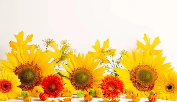 Schönes Herbst-Stillleben mit Sonnenblumen, rot-gelben Blüten — Stockfoto