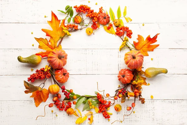 Koncepcja Jesienna z dyni, kwiatów, jesiennych liści i Jarzębina — Zdjęcie stockowe