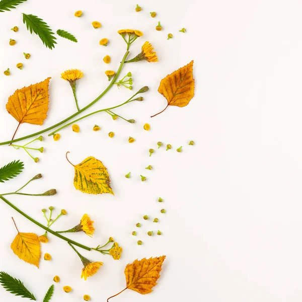 Herbstkomposition mit herbstlich getrockneten Blättern und Blüten an Pfingsten — Stockfoto