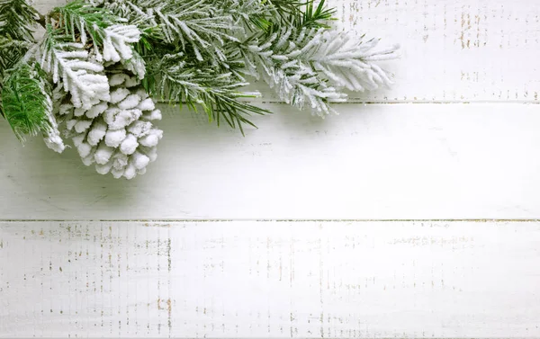Ramo dell'albero di Natale e pigna nella neve su una ba di legno bianco — Foto Stock