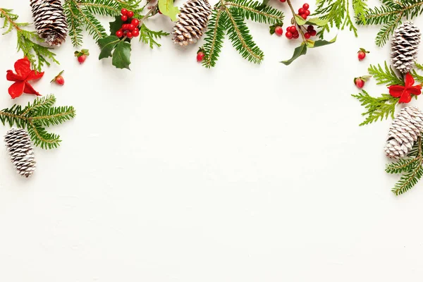 Christmas background with pine cones, branches of holly with red — ストック写真