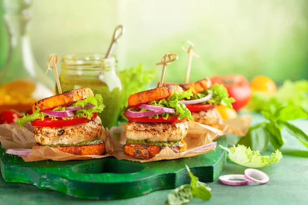 Delicious Roasted Pumpkin Turkey Burger Tomatoes Pesto Green Wooden Board — Stock Photo, Image