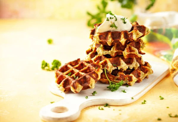 Homemade Low Carb Zucchini Waffles White Wooden Board Yellow Background — Stock Photo, Image