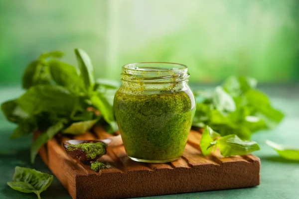 Homemade Pesto Sauce Fresh Basil Parmesan Pine Nut Glass Jar — Stock Photo, Image