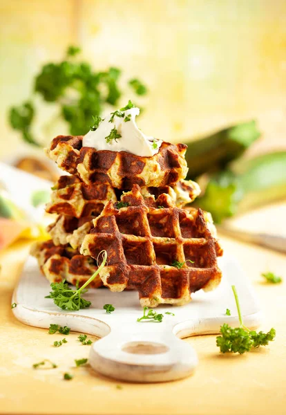 Homemade Low Carb Zucchini Waffles White Wooden Board Yellow Background — Stock Photo, Image