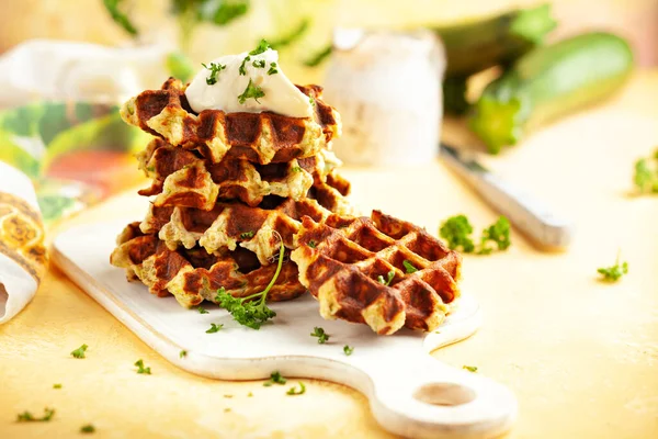 Homemade Low Carb Zucchini Waffles White Wooden Board Yellow Background — Stock Photo, Image