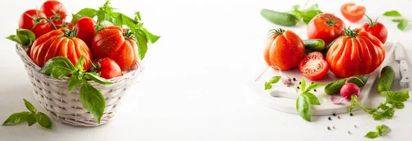 Assorted Fresh Ripe Tomatoes Basil Basket Healthy Food Concept Clean — Stock Photo, Image