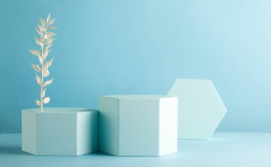 Ürün sunumu veya sergileri için altıgen şekilli podyumlar içeren soyut bir arkaplan. Kopyalama alanı olan farklı geometrik nesnelerin bileşimi.