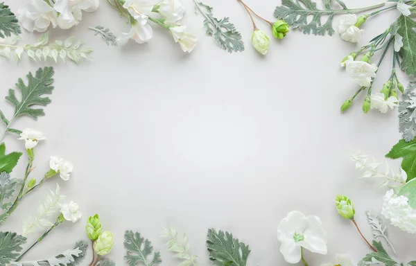 Weiße Blüten Und Silbergrüne Blätter Auf Pastellgrauem Hintergrund Blumenkomposition Mit — Stockfoto