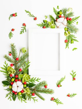 Fotoğraf çerçeveli Noel kompozisyonu, pamuk çiçeği, ladin dalları ve beyaz arka planda kırmızı böğürtlenli çoban püskülü. Tatil mesajları için boş yeri olan mutlu noel tebrik kartları. Düz yatıyordu
